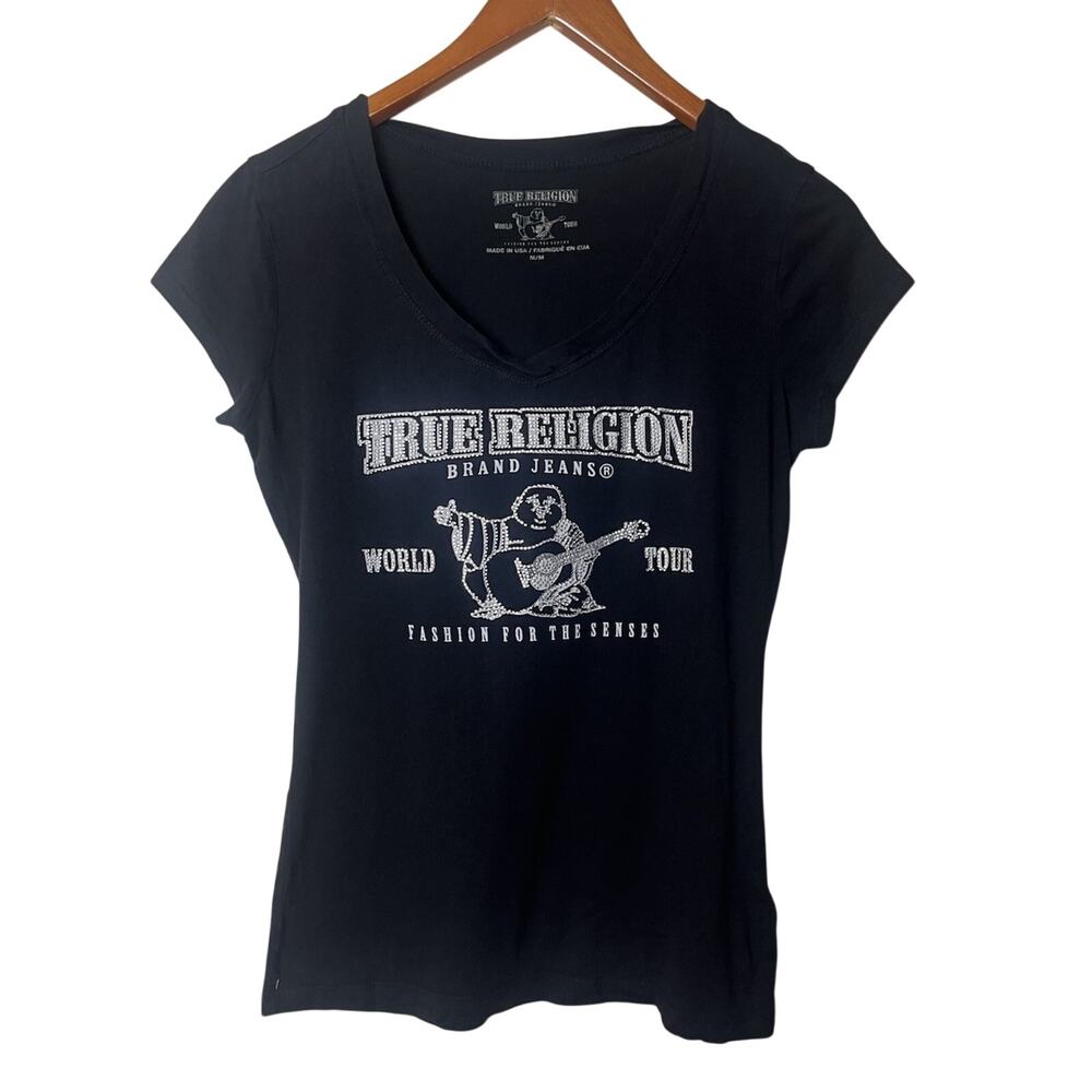 True Religion Rhinestone Embellished T-Shirt Sz Medium Black Vintage Y2K USA